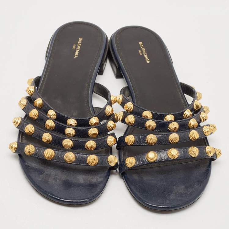 Pre Owned Balenciaga Navy Blue Leather Arena Flat Sandals Size 39.5