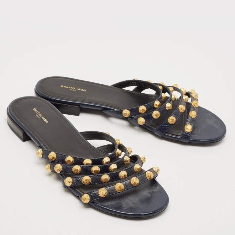 Pre Owned Balenciaga Navy Blue Leather Arena Flat Sandals Size 39.5