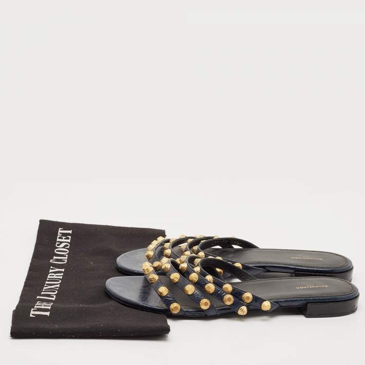 Pre Owned Balenciaga Navy Blue Leather Arena Flat Sandals Size 39.5