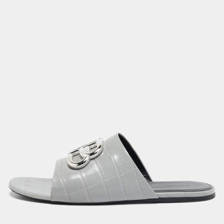 Pre Owned Balenciaga Grey Croc Embossed Leather BB Slide Flats Size 39