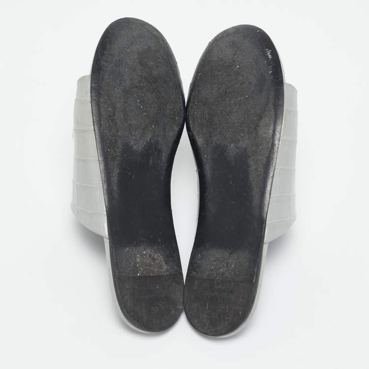 Pre Owned Balenciaga Grey Croc Embossed Leather BB Slide Flats Size 39