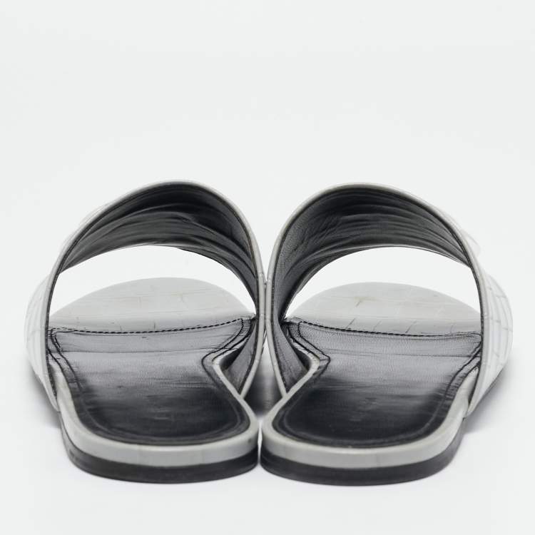 Pre Owned Balenciaga Grey Croc Embossed Leather BB Slide Flats Size 39