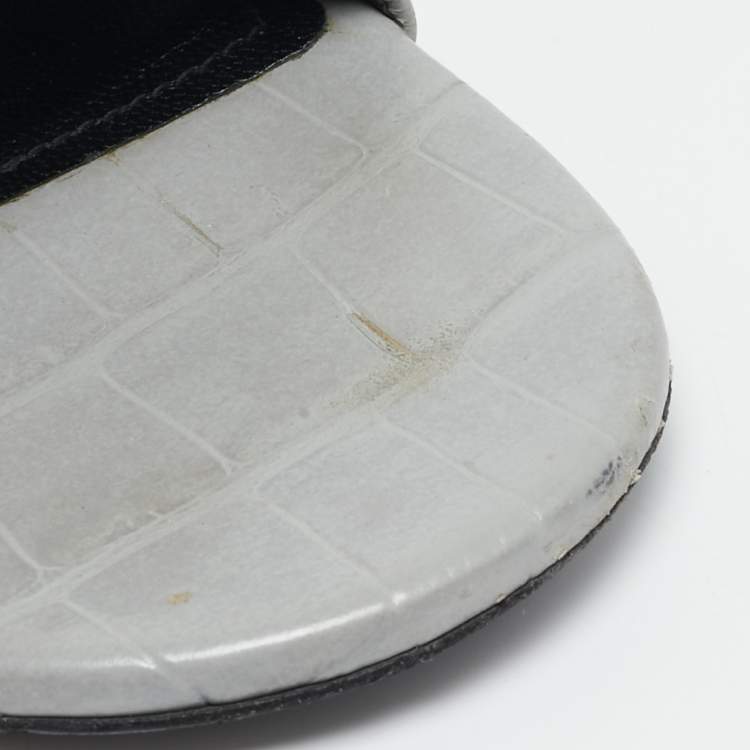 Pre Owned Balenciaga Grey Croc Embossed Leather BB Slide Flats Size 39