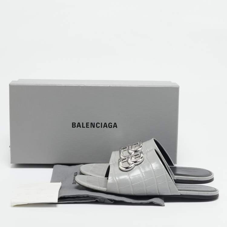 Pre Owned Balenciaga Grey Croc Embossed Leather BB Slide Flats Size 39