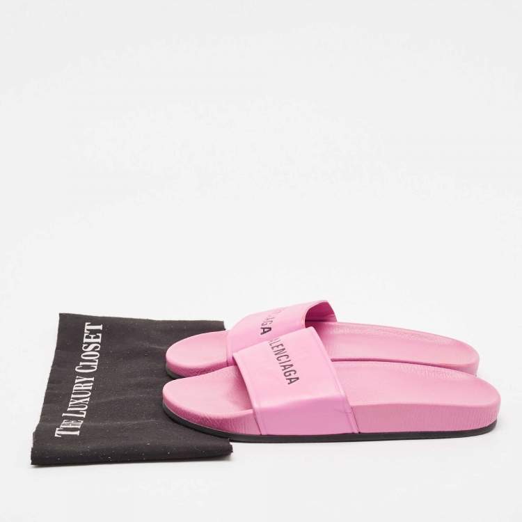 Pre Owned Balenciaga Pink Leather Flat Slides Size 39
