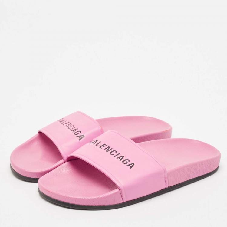 Pre Owned Balenciaga Pink Leather Flat Slides Size 39