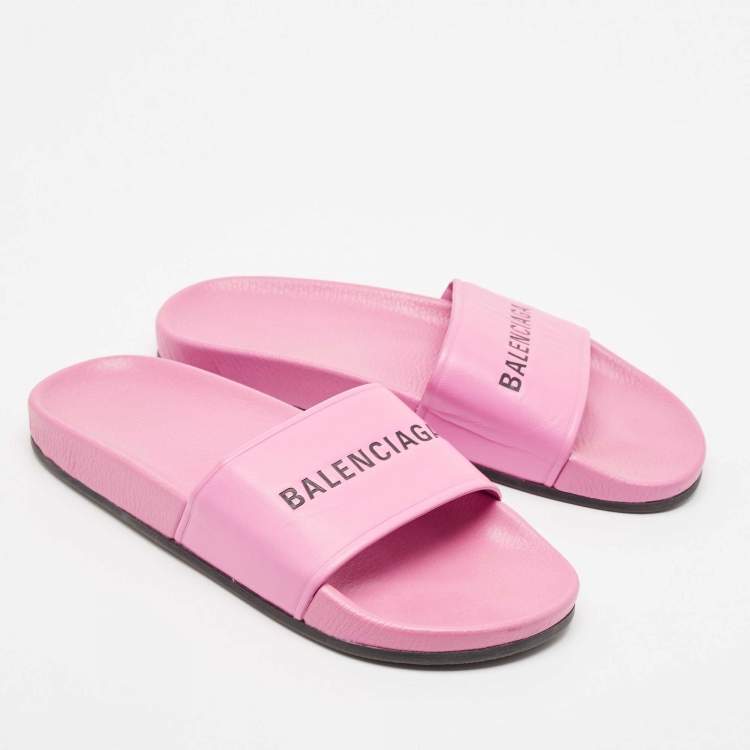 Pre Owned Balenciaga Pink Leather Flat Slides Size 39