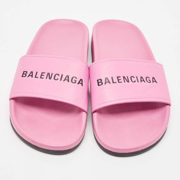 Pre Owned Balenciaga Pink Leather Flat Slides Size 39
