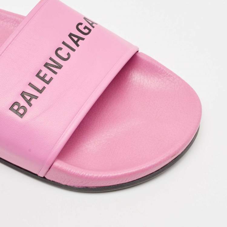 Pre Owned Balenciaga Pink Leather Flat Slides Size 39
