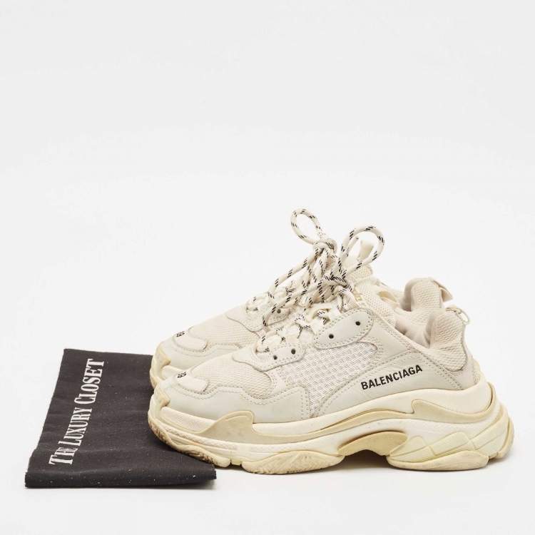 Pre Owned Balenciaga Cream Faux Leather and Mesh Triple S Sneakers Size 39