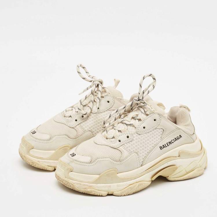 Pre Owned Balenciaga Cream Faux Leather and Mesh Triple S Sneakers Size 39