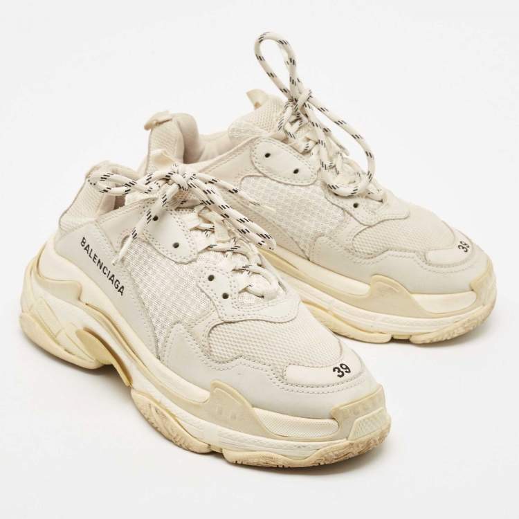 Pre Owned Balenciaga Cream Faux Leather and Mesh Triple S Sneakers Size 39
