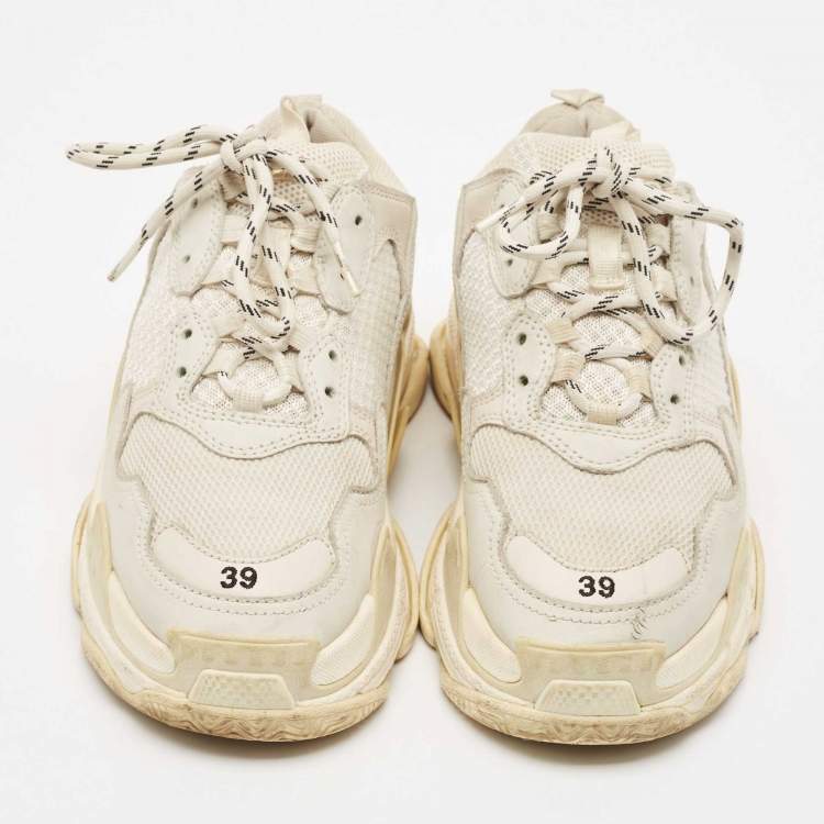Pre Owned Balenciaga Cream Faux Leather and Mesh Triple S Sneakers Size 39