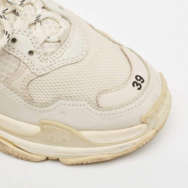 Pre Owned Balenciaga Cream Faux Leather and Mesh Triple S Sneakers Size 39
