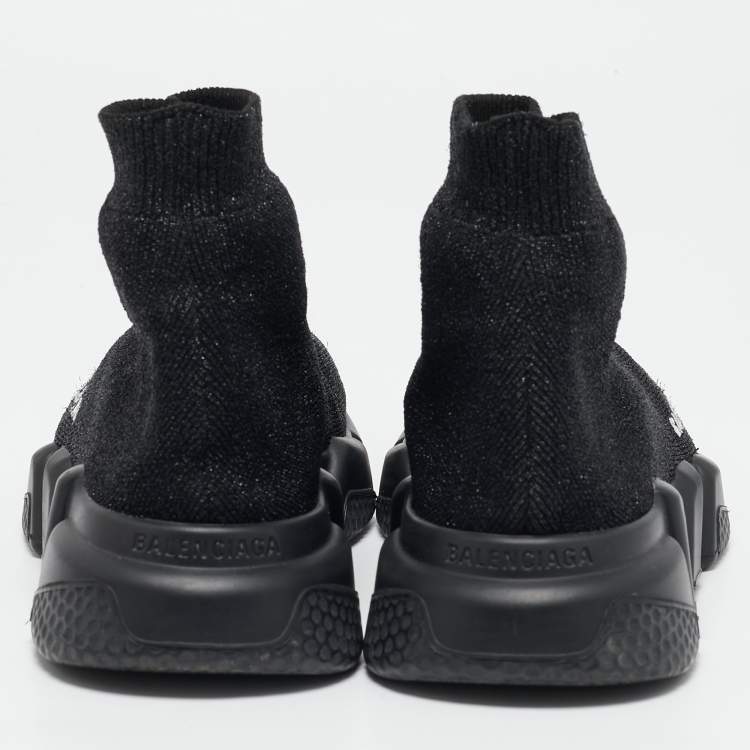 Pre Owned Balenciaga Black/Silver Glitter Knit Fabric Speed Trainer High-Top Sneakers Size 36
