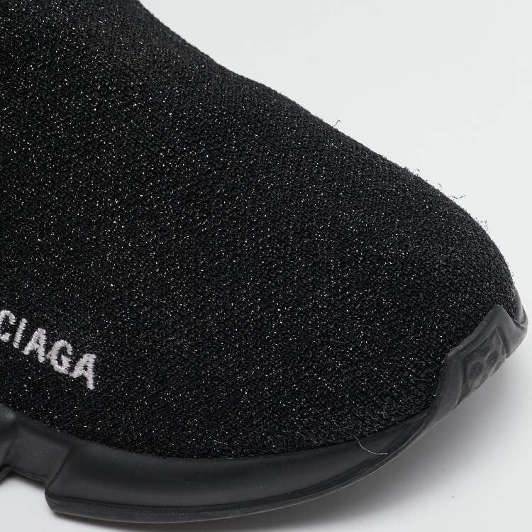 Pre Owned Balenciaga Black/Silver Glitter Knit Fabric Speed Trainer High-Top Sneakers Size 36