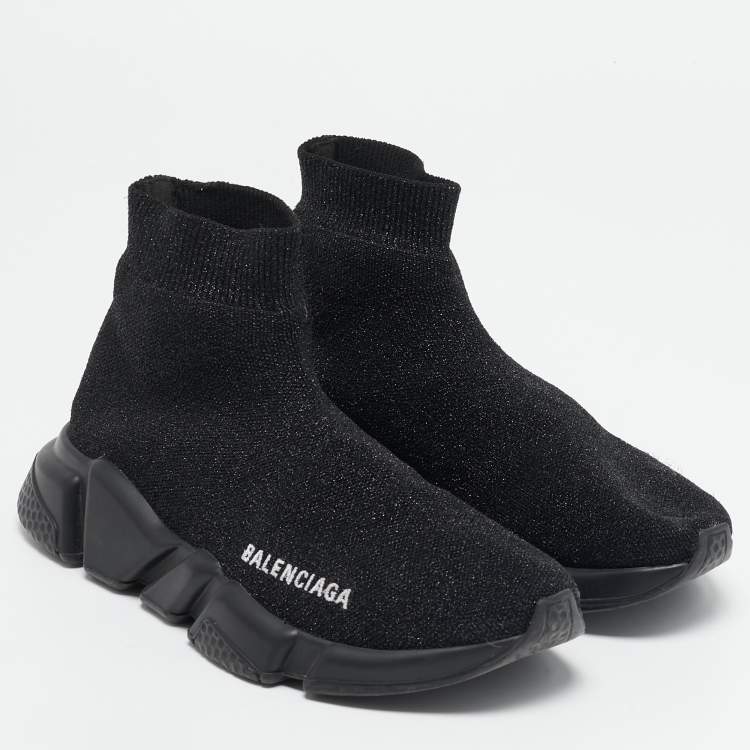 Pre Owned Balenciaga Black/Silver Glitter Knit Fabric Speed Trainer High-Top Sneakers Size 36
