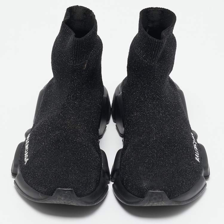 Pre Owned Balenciaga Black/Silver Glitter Knit Fabric Speed Trainer High-Top Sneakers Size 36