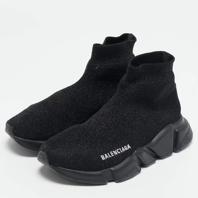 Pre Owned Balenciaga Black/Silver Glitter Knit Fabric Speed Trainer High-Top Sneakers Size 36