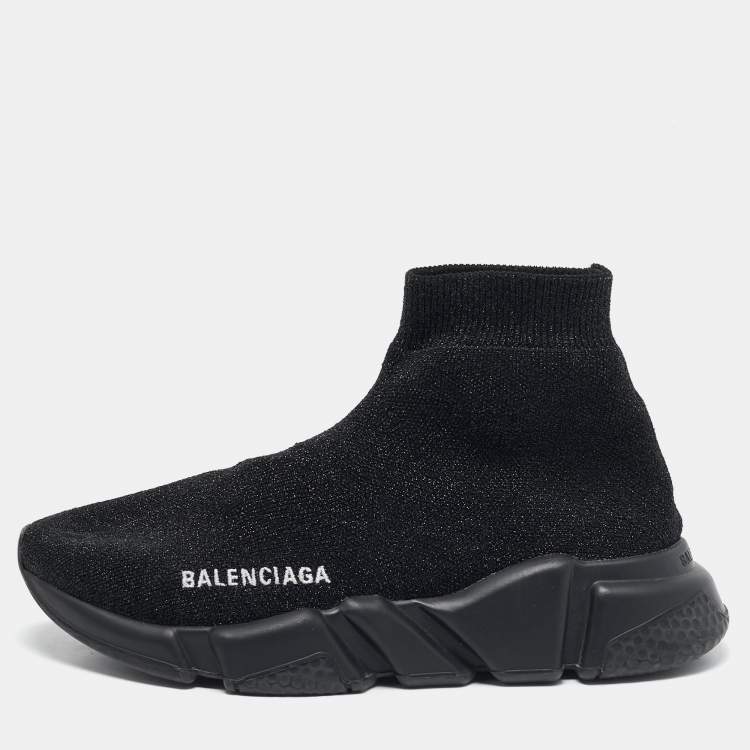Pre Owned Balenciaga Black/Silver Glitter Knit Fabric Speed Trainer High-Top Sneakers Size 36