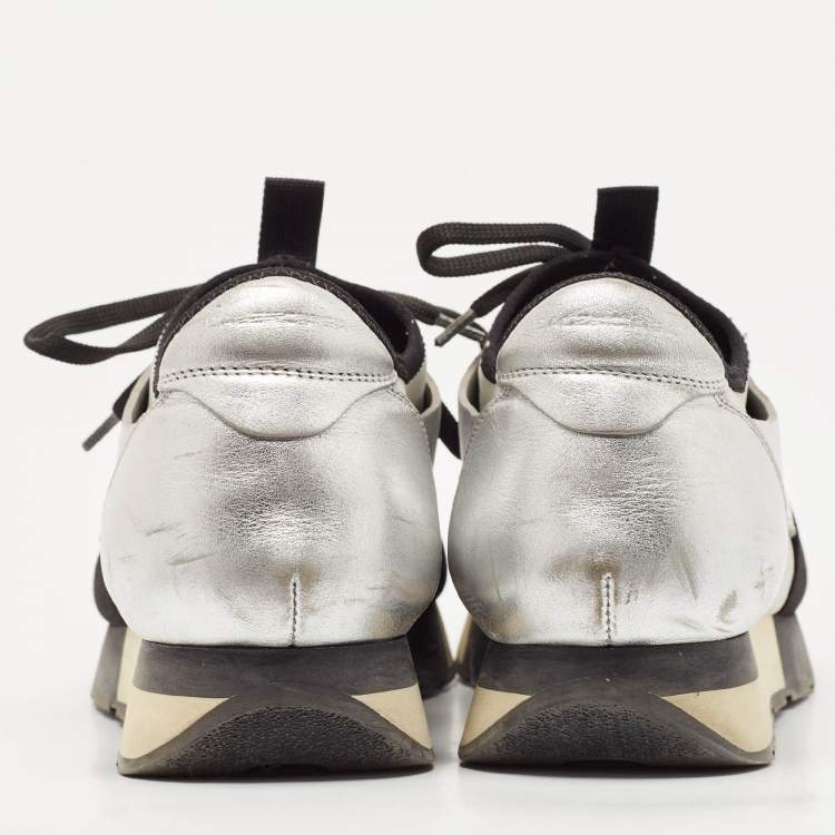 Pre Owned Balenciaga Silver Leather and Fabric Race Runner Low Top Sneakers Size 40