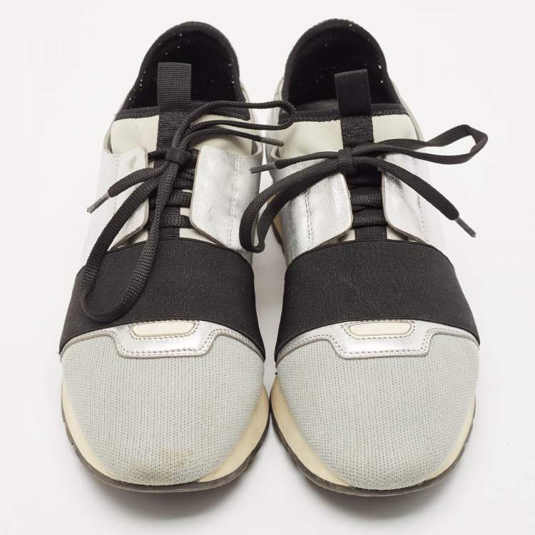 Pre Owned Balenciaga Silver Leather and Fabric Race Runner Low Top Sneakers Size 40
