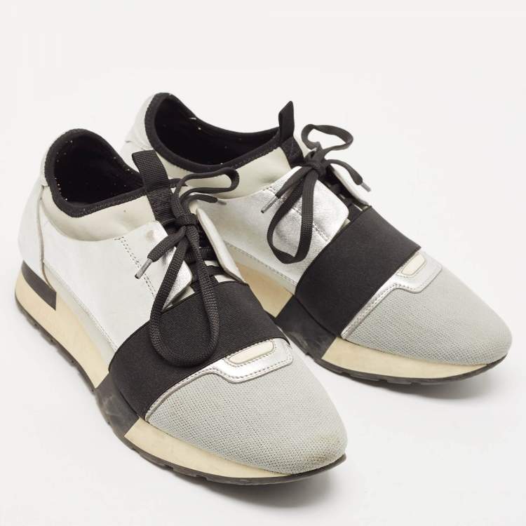 Pre Owned Balenciaga Silver Leather and Fabric Race Runner Low Top Sneakers Size 40