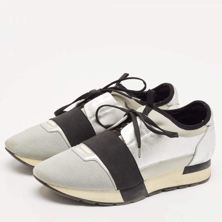 Pre Owned Balenciaga Silver Leather and Fabric Race Runner Low Top Sneakers Size 40