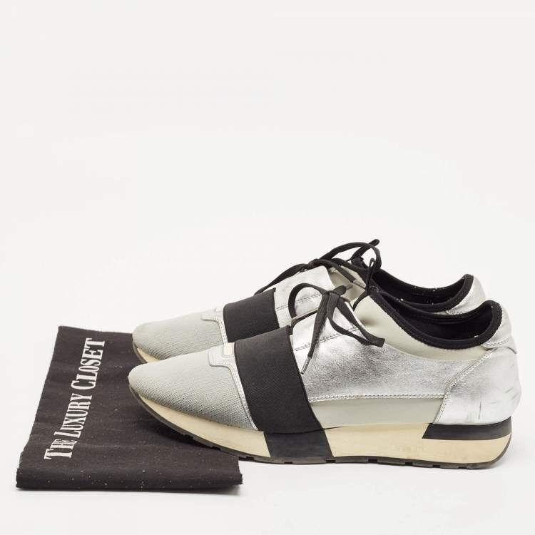 Pre Owned Balenciaga Silver Leather and Fabric Race Runner Low Top Sneakers Size 40