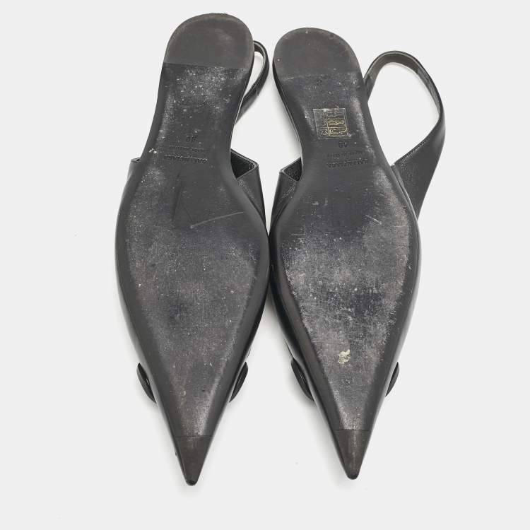 Pre Owned Balenciaga Black Leather BB Knife Pointed Toe Slingback Flats Size 40