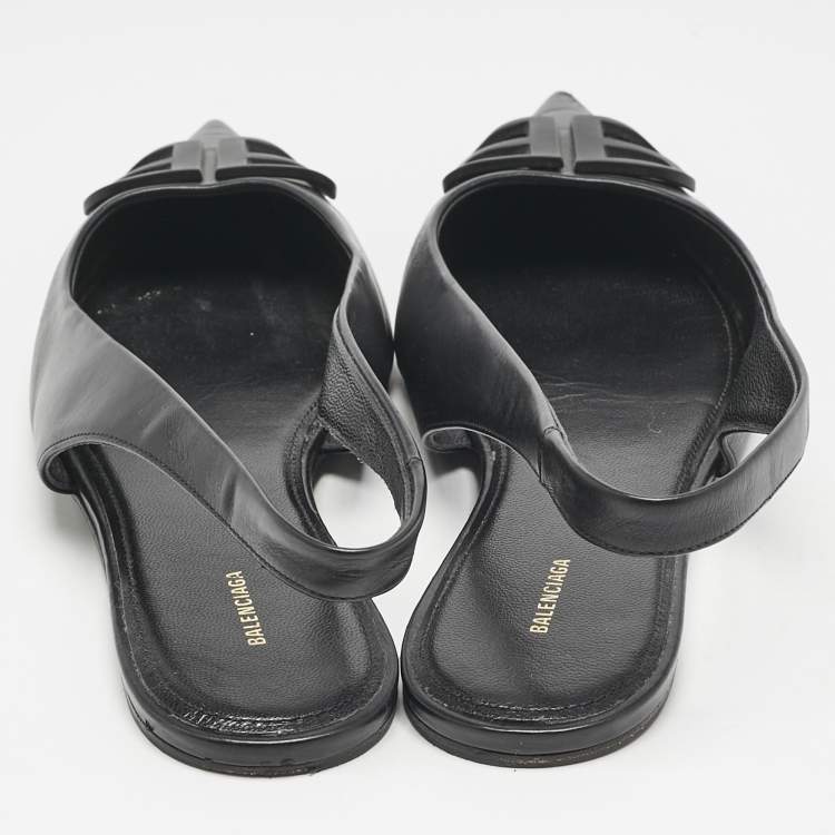 Pre Owned Balenciaga Black Leather BB Knife Pointed Toe Slingback Flats Size 40