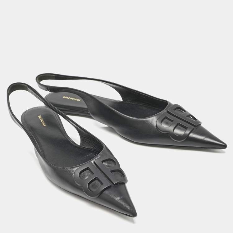 Pre Owned Balenciaga Black Leather BB Knife Pointed Toe Slingback Flats Size 40