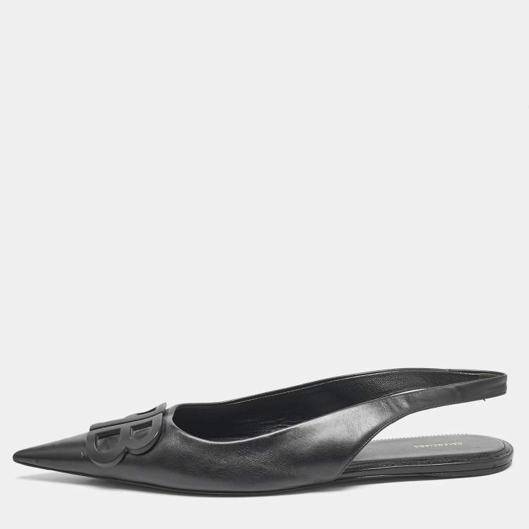 Pre Owned Balenciaga Black Leather BB Knife Pointed Toe Slingback Flats Size 40
