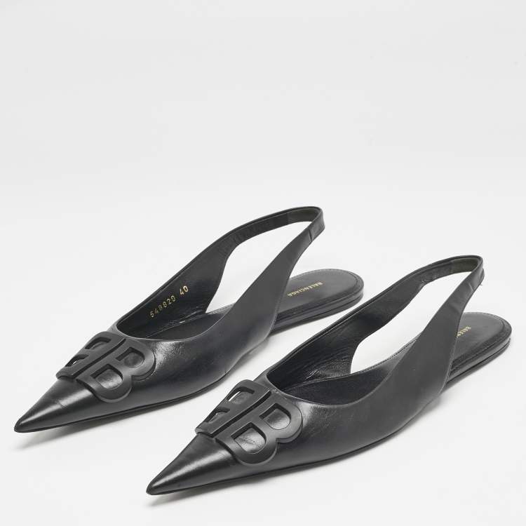 Pre Owned Balenciaga Black Leather BB Knife Pointed Toe Slingback Flats Size 40