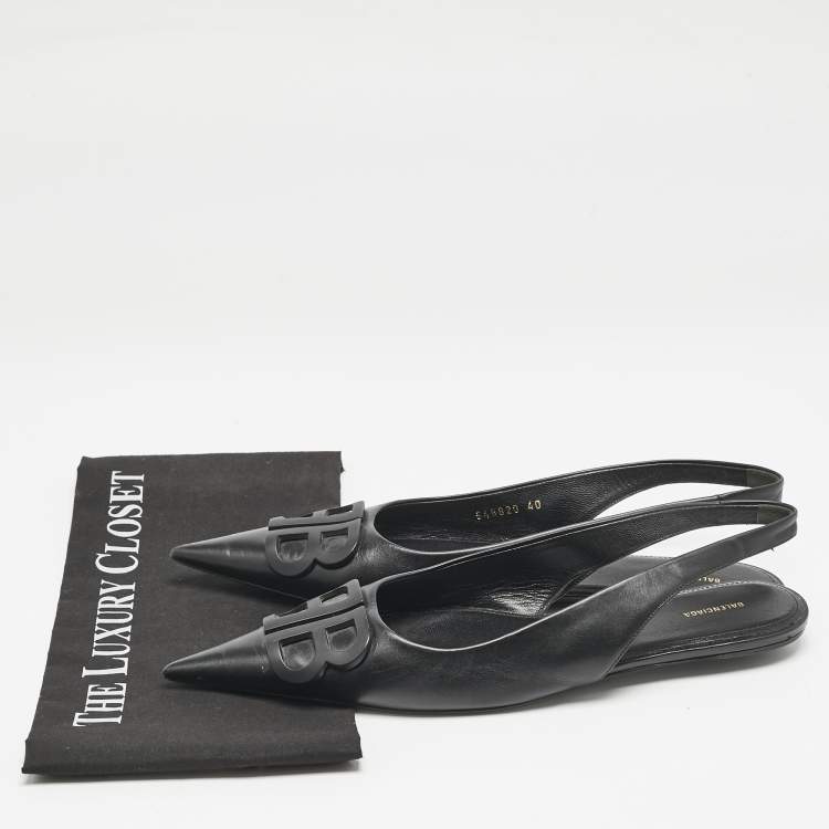 Pre Owned Balenciaga Black Leather BB Knife Pointed Toe Slingback Flats Size 40