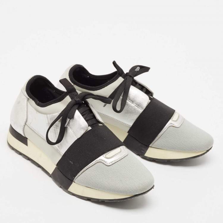 Pre Owned Balenciaga Silver Leather and Knit Fabric Race Runner Low Top Sneakers Size 39