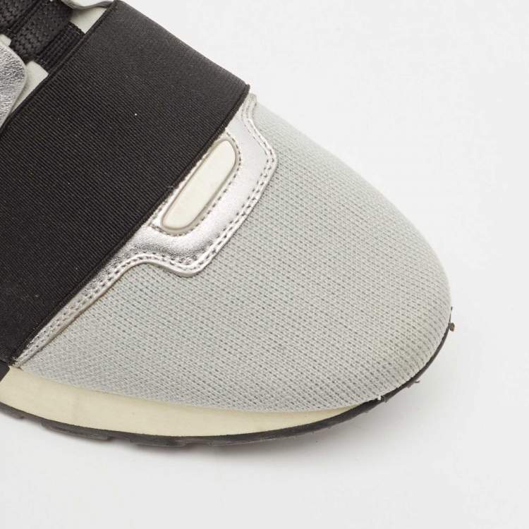 Pre Owned Balenciaga Silver Leather and Knit Fabric Race Runner Low Top Sneakers Size 39