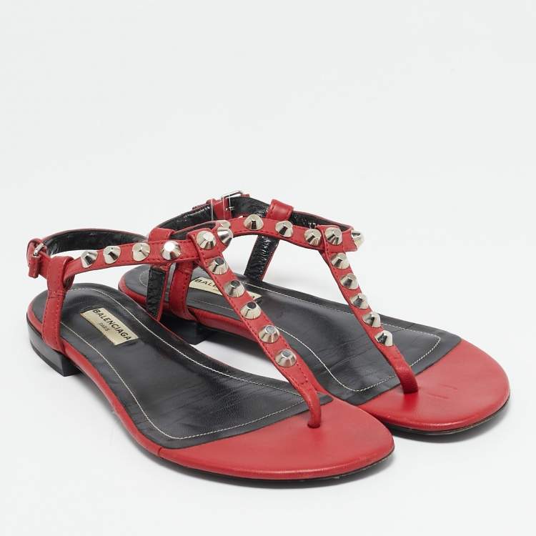 Pre Owned Balenciaga Red Leather Arena Thong Flat Sandals Size 38
