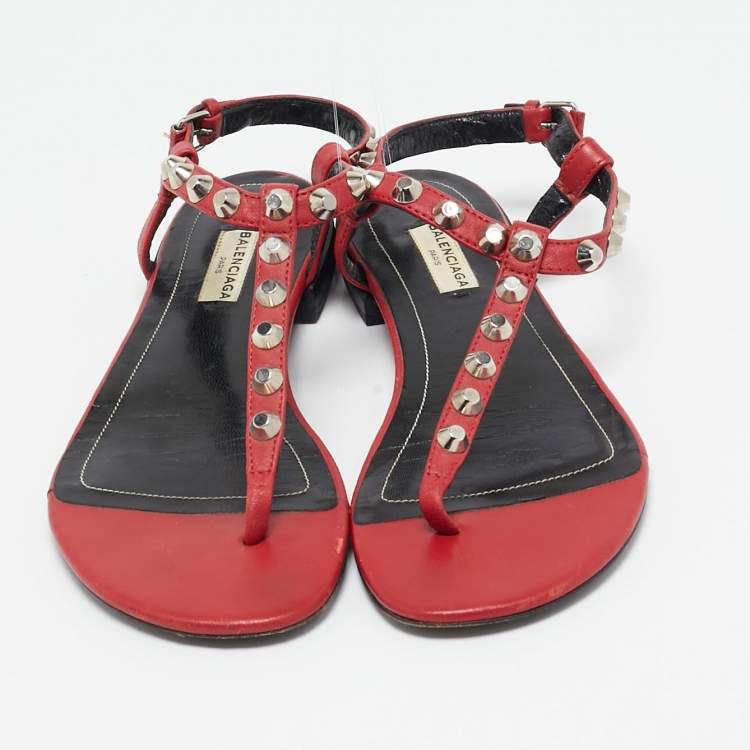 Pre Owned Balenciaga Red Leather Arena Thong Flat Sandals Size 38