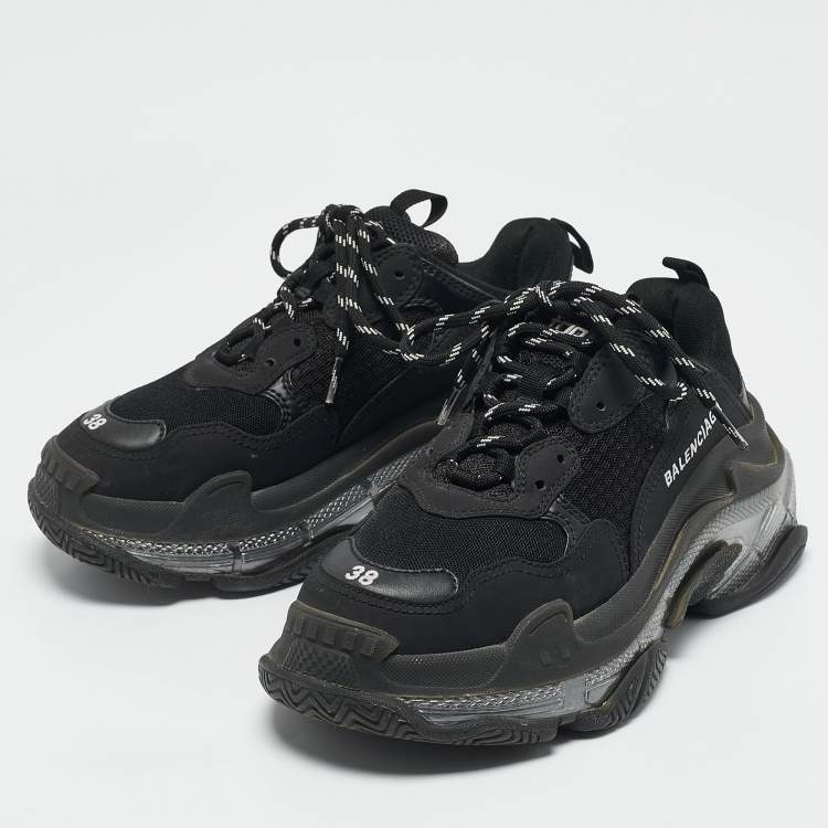 Pre Owned Balenciaga Black Mesh and Faux Leather Triple S Clear Sneakers Size 38