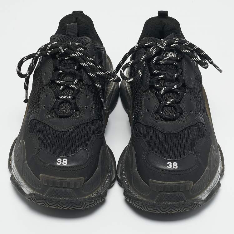 Pre Owned Balenciaga Black Mesh and Faux Leather Triple S Clear Sneakers Size 38