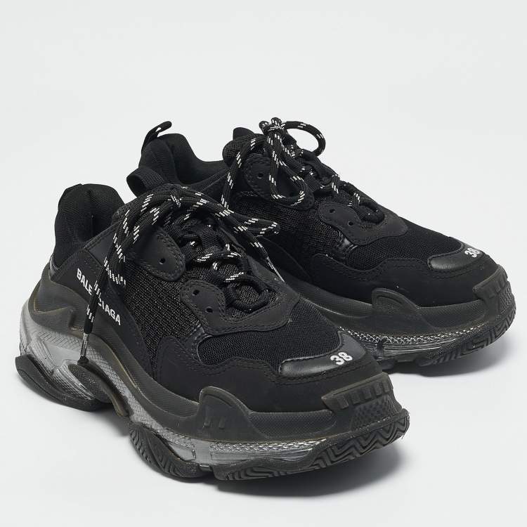Pre Owned Balenciaga Black Mesh and Faux Leather Triple S Clear Sneakers Size 38