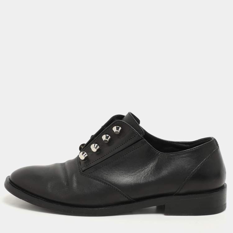 Pre Owned Balenciaga Black Leather Embellished Oxfords Size 37.5