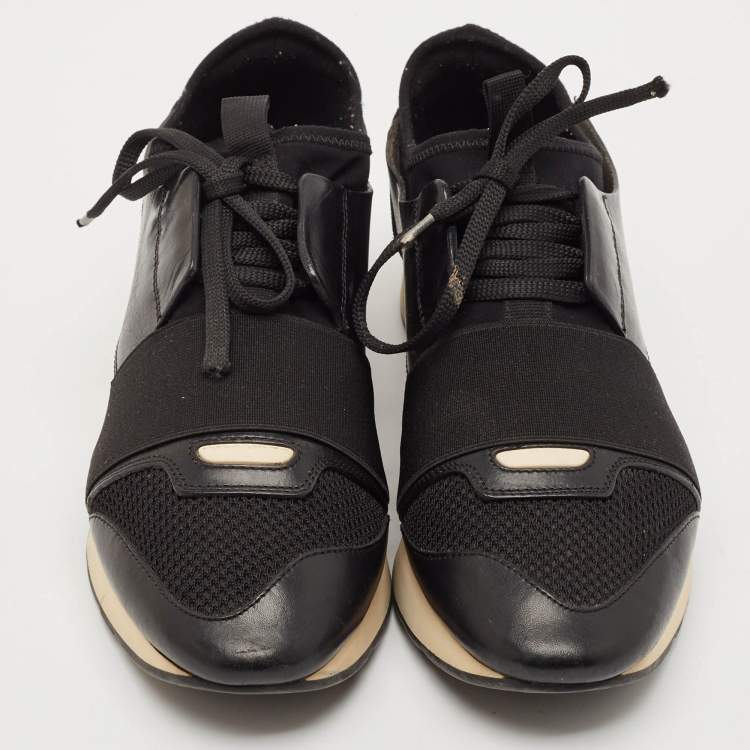 Pre Owned Balenciaga Black Leather and Mesh Race Runner Sneakers Size 38