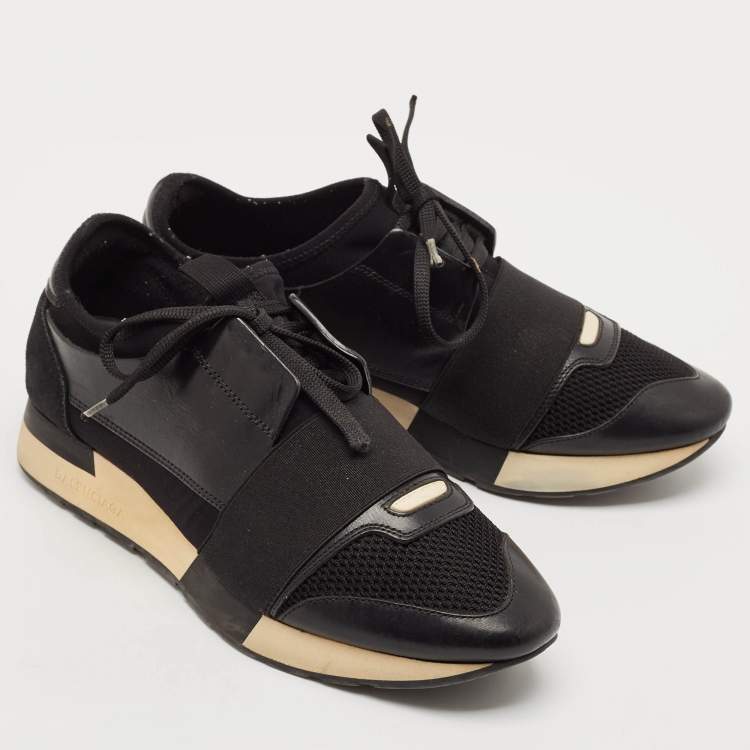 Pre Owned Balenciaga Black Leather and Mesh Race Runner Sneakers Size 38