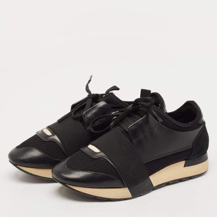 Pre Owned Balenciaga Black Leather and Mesh Race Runner Sneakers Size 38