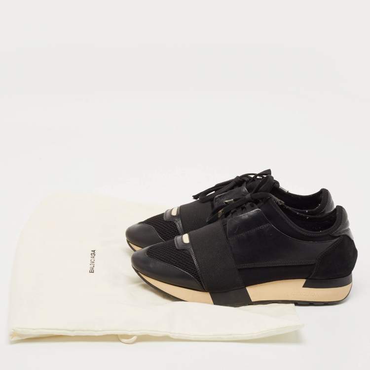 Pre Owned Balenciaga Black Leather and Mesh Race Runner Sneakers Size 38