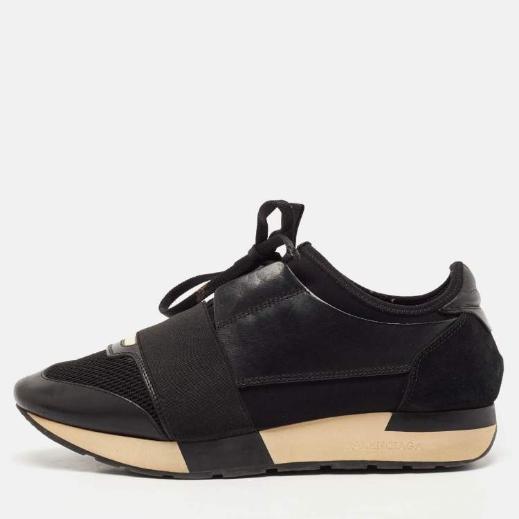 Pre Owned Balenciaga Black Leather and Mesh Race Runner Sneakers Size 38