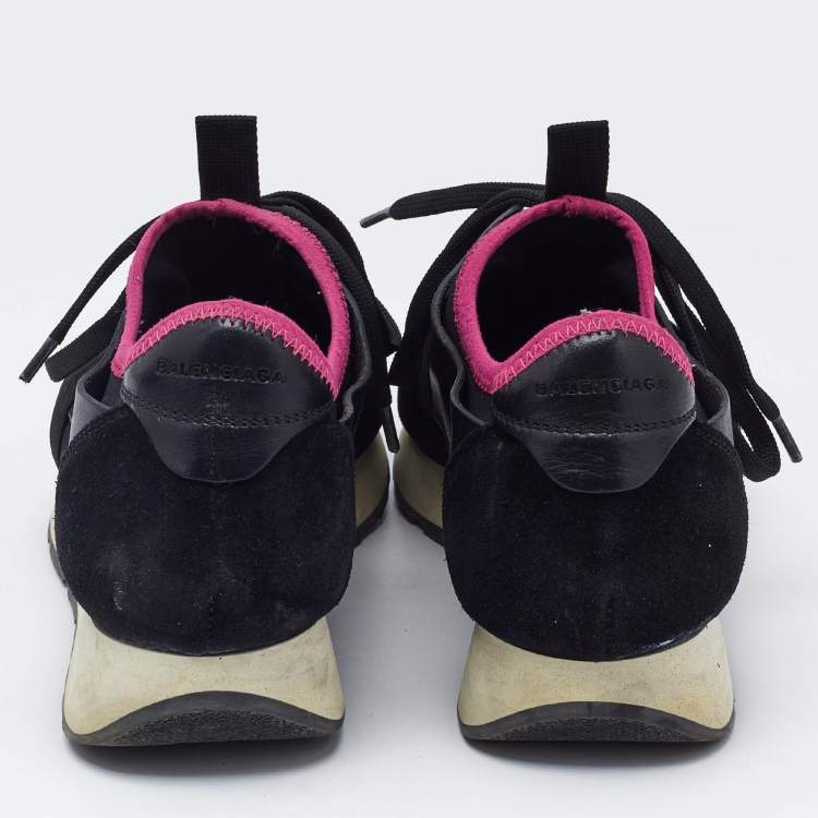 Pre Owned Balenciaga Black Fabric and Leather Race Runner Lace Up Sneakers Size 37