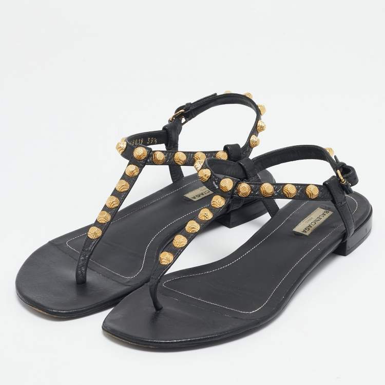 Pre Owned Balenciaga Black Leather Arena Thong Flats Size 39.5